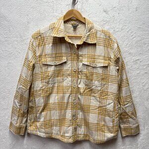 Eddie Bauer Flannel Shacket Womens Large Beige Plaid Cotton Sherpa Fleece Lined